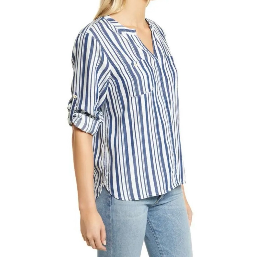 Tommy Bahama Blue White Striped Roll Tab Sleeve Shirt Women XS Casual Top - Picture 3 of 13